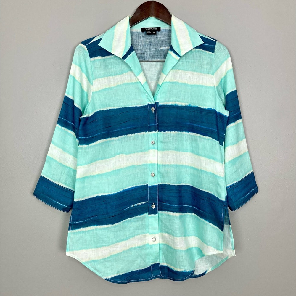Paperwhite Striped Linen Tunic Top Women’s Size 6 Button Front Point Collar Blue